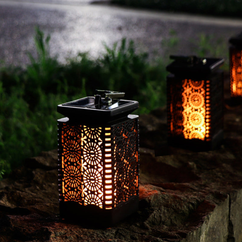 Moderne, retro-solarwasserdichte rechteckige Laterne mit Flammenform, ABS-LED-Gartenleuchte für den Außenbereich