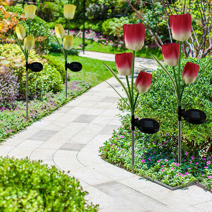Zeitgenössische kreative Solar-Wasserdichte Kunst-Tulpen Edelstahl ABS Stoff LED Erdstecker Rasen Landschaft Lampe für Außenpatio | Karnz