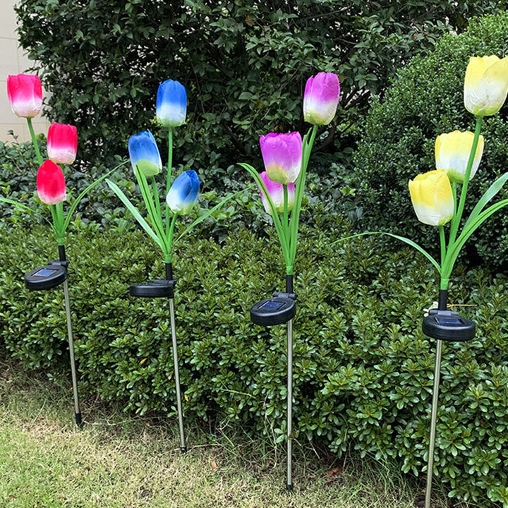 Zeitgenössische kreative Solar-Wasserdichte Kunst-Tulpen Edelstahl ABS Stoff LED Erdstecker Rasen Landschaft Lampe für Außenpatio | Karnz