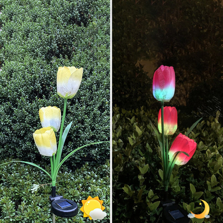 Zeitgenössische kreative Solar-Wasserdichte Kunst-Tulpen Edelstahl ABS Stoff LED Erdstecker Rasen Landschaft Lampe für Außenpatio | Karnz