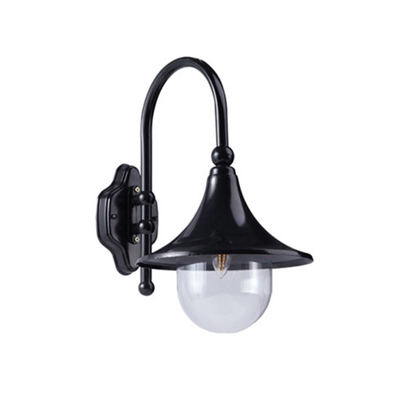 Moderne, schlichte Wandleuchte aus Aluminium mit Trompetenschirm und Glas, einflammig, für den Außenbereich, geeignet für den Garten
