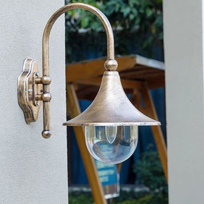 Moderne, schlichte Wandleuchte aus Aluminium mit Trompetenschirm und Glas, einflammig, für den Außenbereich, geeignet für den Garten