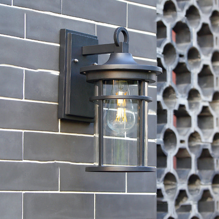 Zeitgenössische industrielle Zylinder Aluminium Glas Shade 1-Licht wasserdichte Wandlaampe für Außenterrasse | Karnz