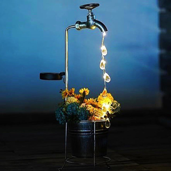 Moderne Art Deco Solar Wasserhahn Wasser Tropfen Fließendes Wasser Pflanzenform Eisen LED Außenlicht Für Garten | Karnz