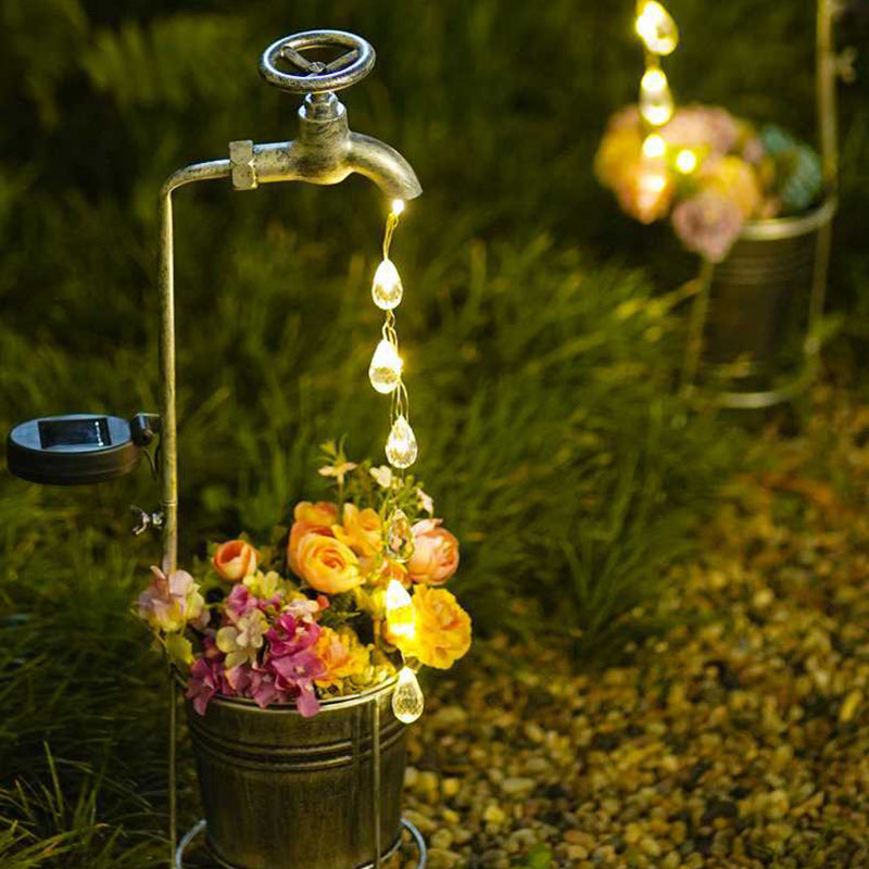 Moderne Art Deco Solar Wasserhahn Wasser Tropfen Fließendes Wasser Pflanzenform Eisen LED Außenlicht Für Garten | Karnz