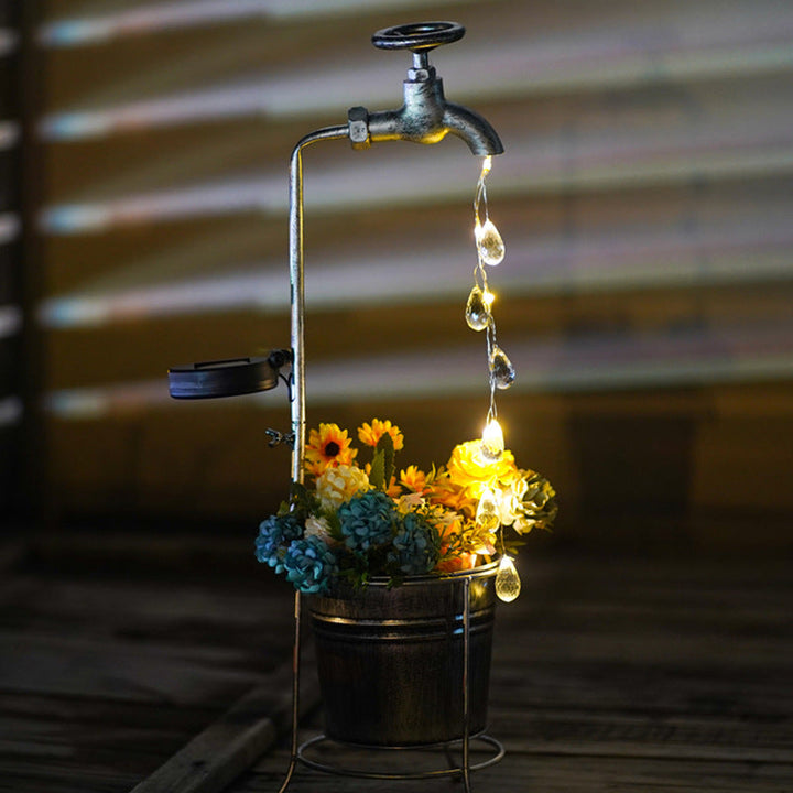 Moderne Art Deco Solar Wasserhahn Wasser Tropfen Fließendes Wasser Pflanzenform Eisen LED Außenlicht Für Garten | Karnz