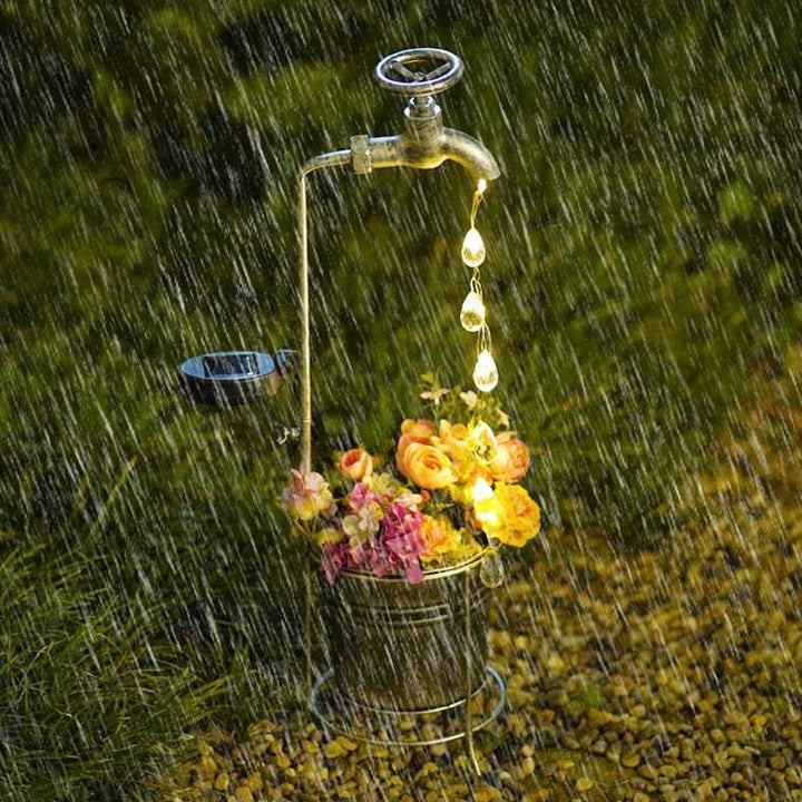Moderne Art Deco Solar Wasserhahn Wasser Tropfen Fließendes Wasser Pflanzenform Eisen LED Außenlicht Für Garten | Karnz