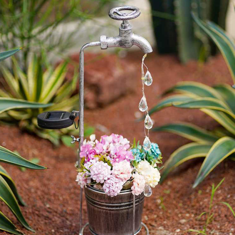 Moderne Art Deco Solar Wasserhahn Wasser Tropfen Fließendes Wasser Pflanzenform Eisen LED Außenlicht Für Garten | Karnz