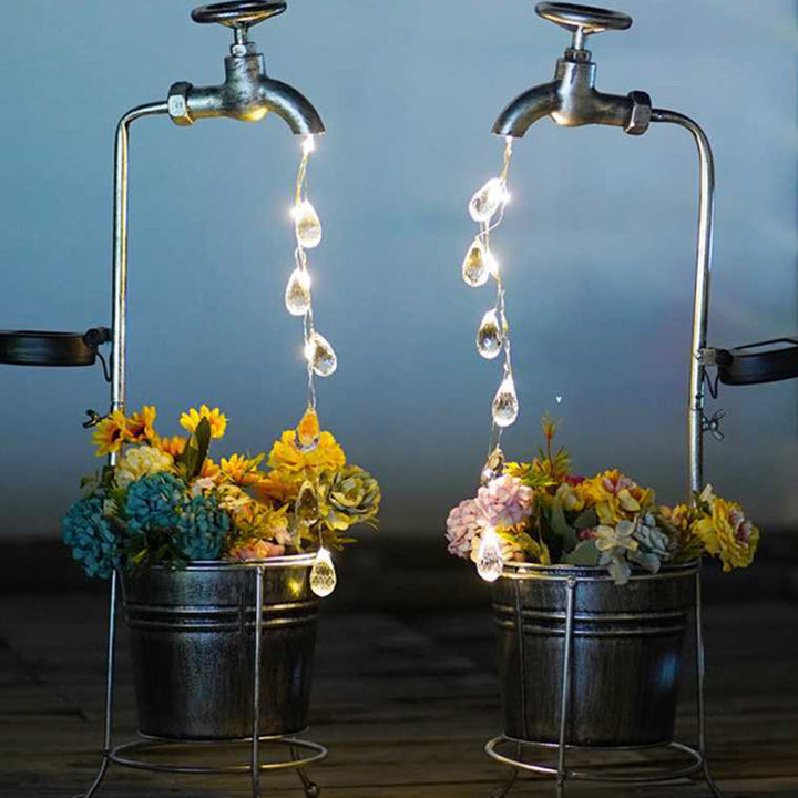 Moderne Art Deco Solar Wasserhahn Wasser Tropfen Fließendes Wasser Pflanzenform Eisen LED Außenlicht Für Garten | Karnz