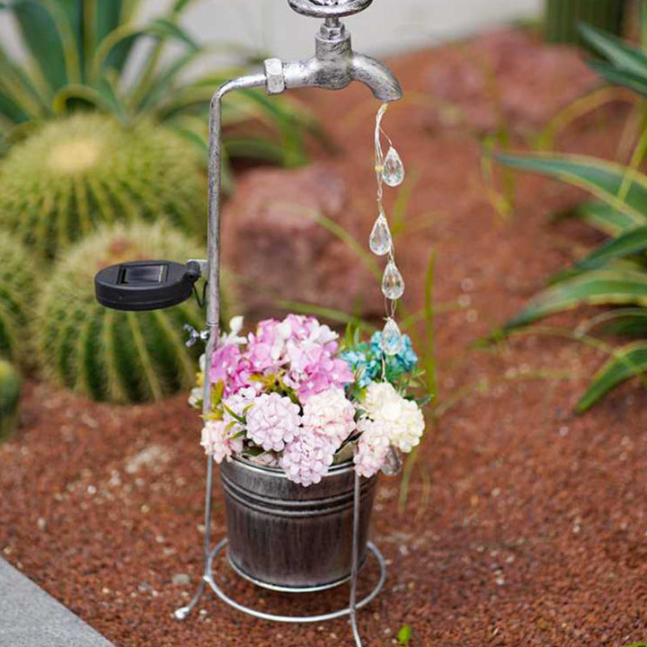 Moderne Art Deco Solar Wasserhahn Wasser Tropfen Fließendes Wasser Pflanzenform Eisen LED Außenlicht Für Garten | Karnz