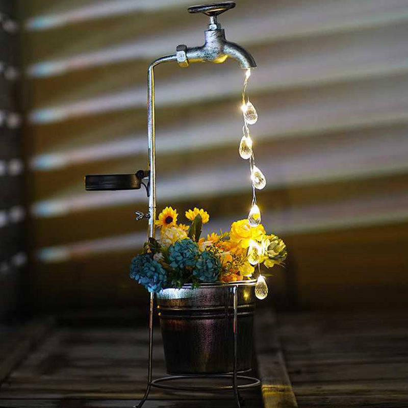 Moderne Art Deco Solar Wasserhahn Wasser Tropfen Fließendes Wasser Pflanzenform Eisen LED Außenlicht Für Garten | Karnz