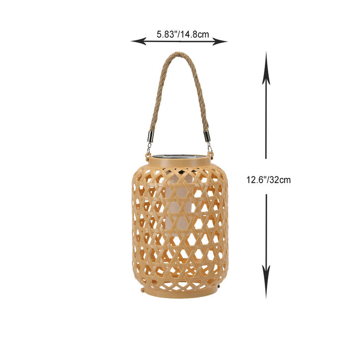 Moderne Art Deco Solar Wasserdicht Imitation Rattan Gewebte Laterne Zylindrische Kunststoff LED Außenlicht Für Garten | Karnz