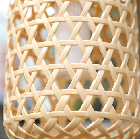 Moderne Art Deco Solar Wasserdicht Imitation Rattan Gewebte Laterne Zylindrische Kunststoff LED Außenlicht Für Garten | Karnz