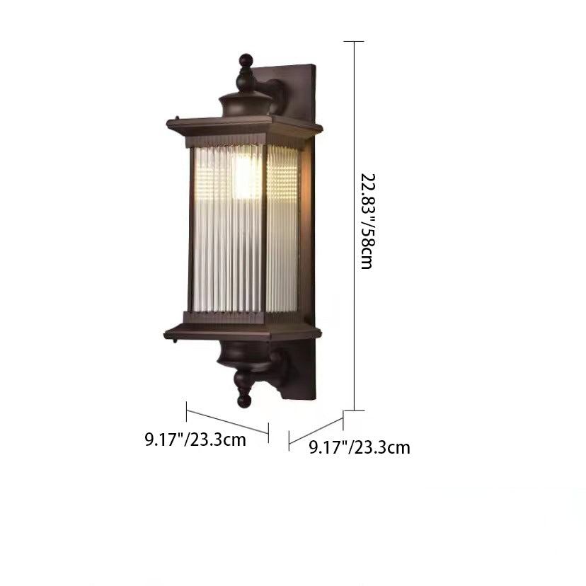 Traditionelles chinesisches wasserdichtes rechteckiges Glas-Metall 1-Licht-Wand sconce Lampe für Außenpatio | Karnz