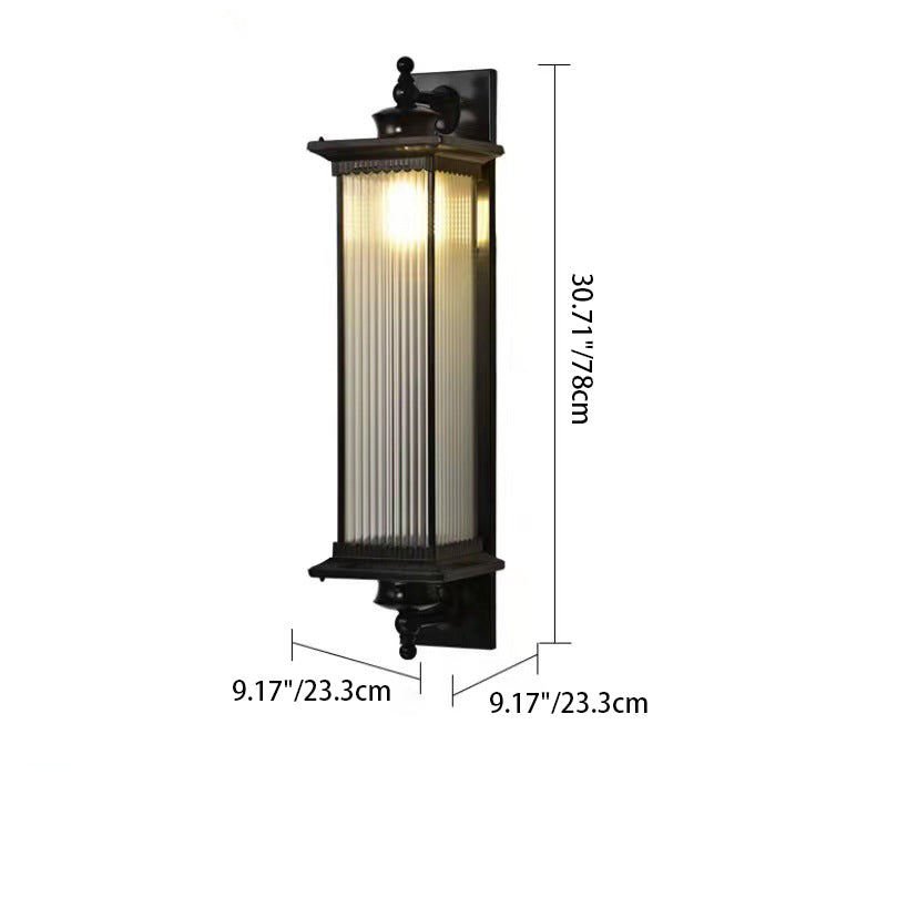 Traditionelles chinesisches wasserdichtes rechteckiges Glas-Metall 1-Licht-Wand sconce Lampe für Außenpatio | Karnz