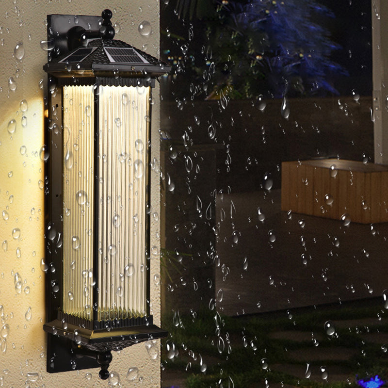 Traditionelles chinesisches wasserdichtes rechteckiges Glas-Metall 1-Licht-Wand sconce Lampe für Außenpatio | Karnz