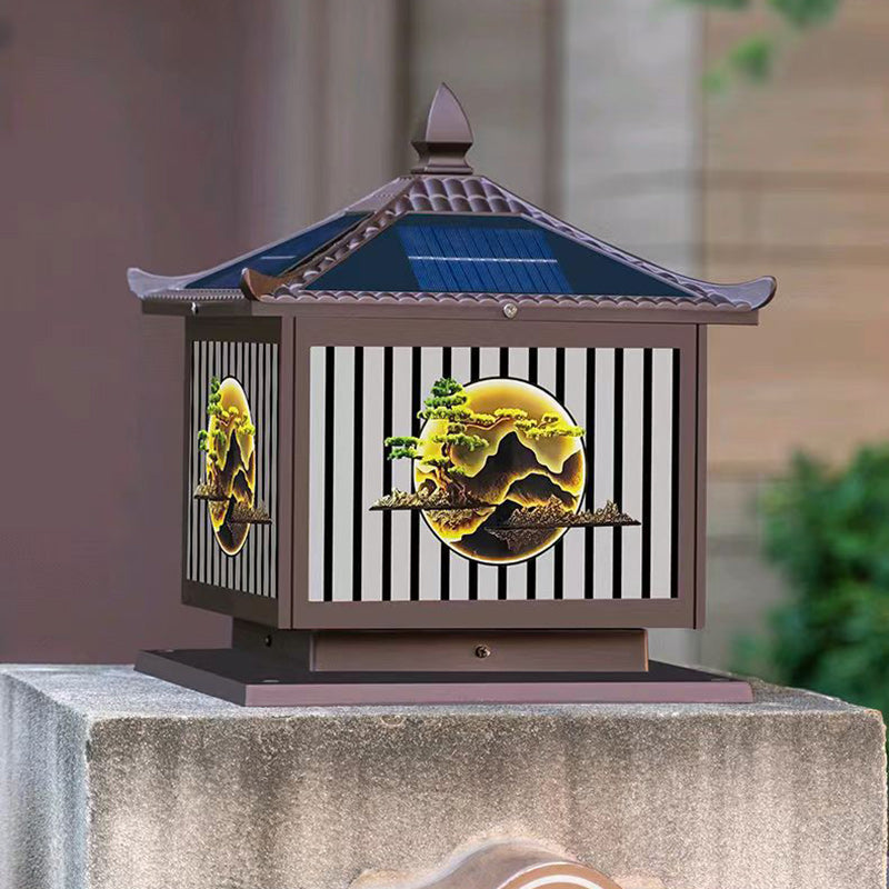 Traditionelle chinesische Solar wasserdichte Aluminium PC Glas Kiefer Baum quadratische Zylinder LED Landschaft Beleuchtung Außenlicht für Außenpatio | Karnz