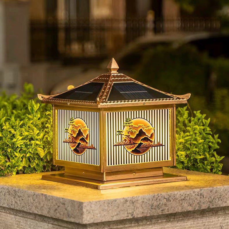 Traditionelle chinesische Solar wasserdichte Aluminium PC Glas Kiefer Baum quadratische Zylinder LED Landschaft Beleuchtung Außenlicht für Außenpatio | Karnz
