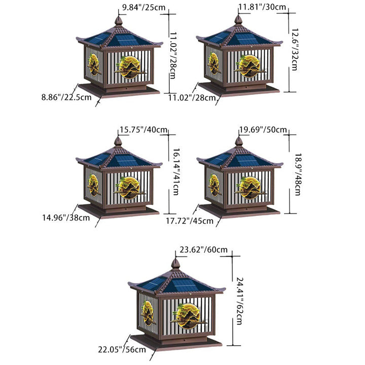 Traditionelle chinesische Solar wasserdichte Aluminium PC Glas Kiefer Baum quadratische Zylinder LED Landschaft Beleuchtung Außenlicht für Außenpatio | Karnz
