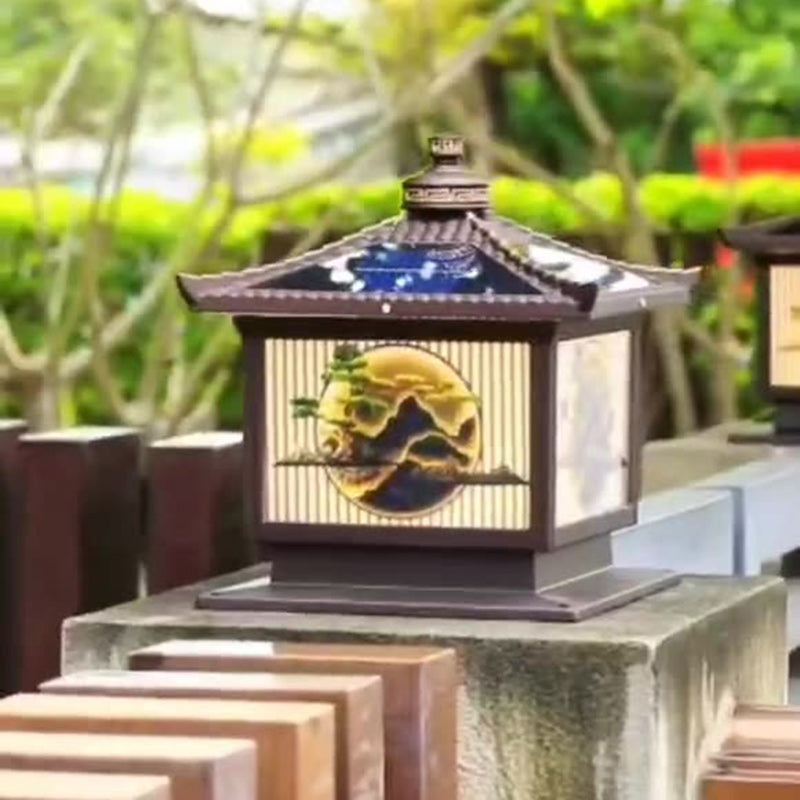 Traditionelle chinesische Solar wasserdichte Aluminium PC Glas Kiefer Baum quadratische Zylinder LED Landschaft Beleuchtung Außenlicht für Außenpatio | Karnz