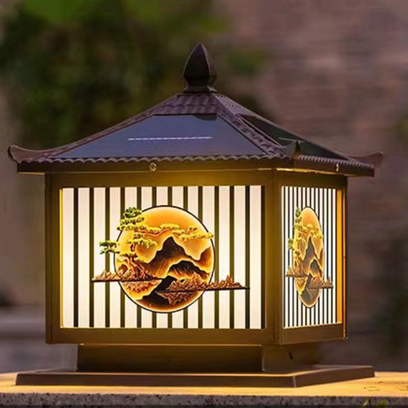 Traditionelle chinesische Solar wasserdichte Aluminium PC Glas Kiefer Baum quadratische Zylinder LED Landschaft Beleuchtung Außenlicht für Außenpatio | Karnz