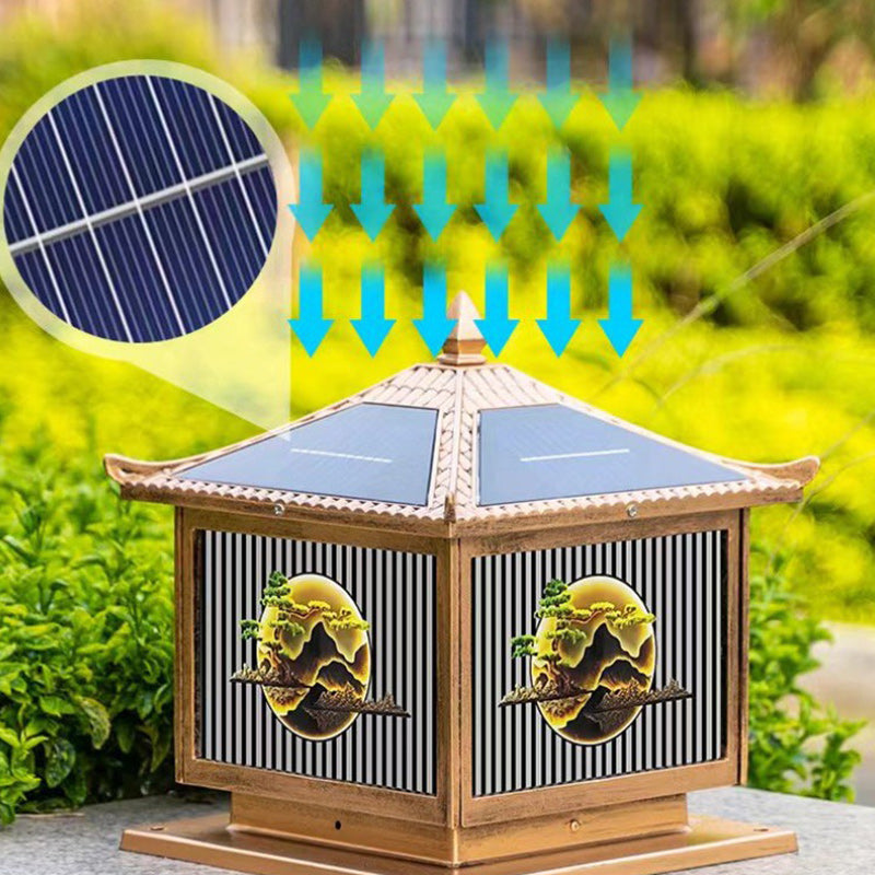 Traditionelle chinesische Solar wasserdichte Aluminium PC Glas Kiefer Baum quadratische Zylinder LED Landschaft Beleuchtung Außenlicht für Außenpatio | Karnz