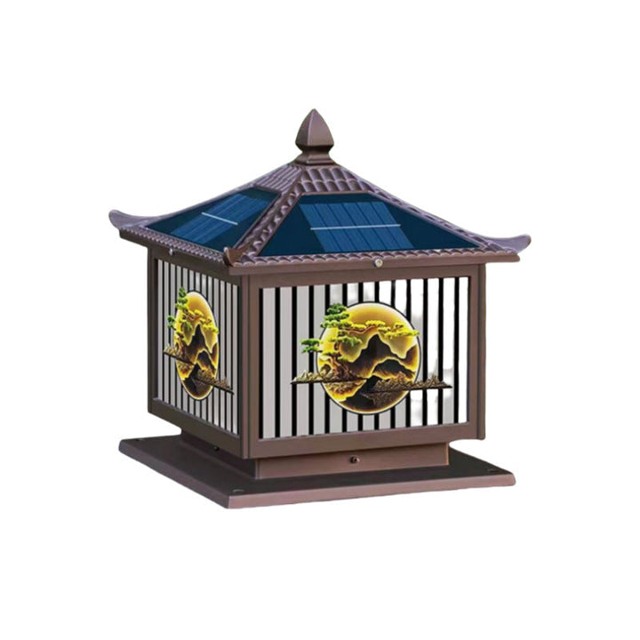 Traditionelle chinesische Solar wasserdichte Aluminium PC Glas Kiefer Baum quadratische Zylinder LED Landschaft Beleuchtung Außenlicht für Außenpatio | Karnz