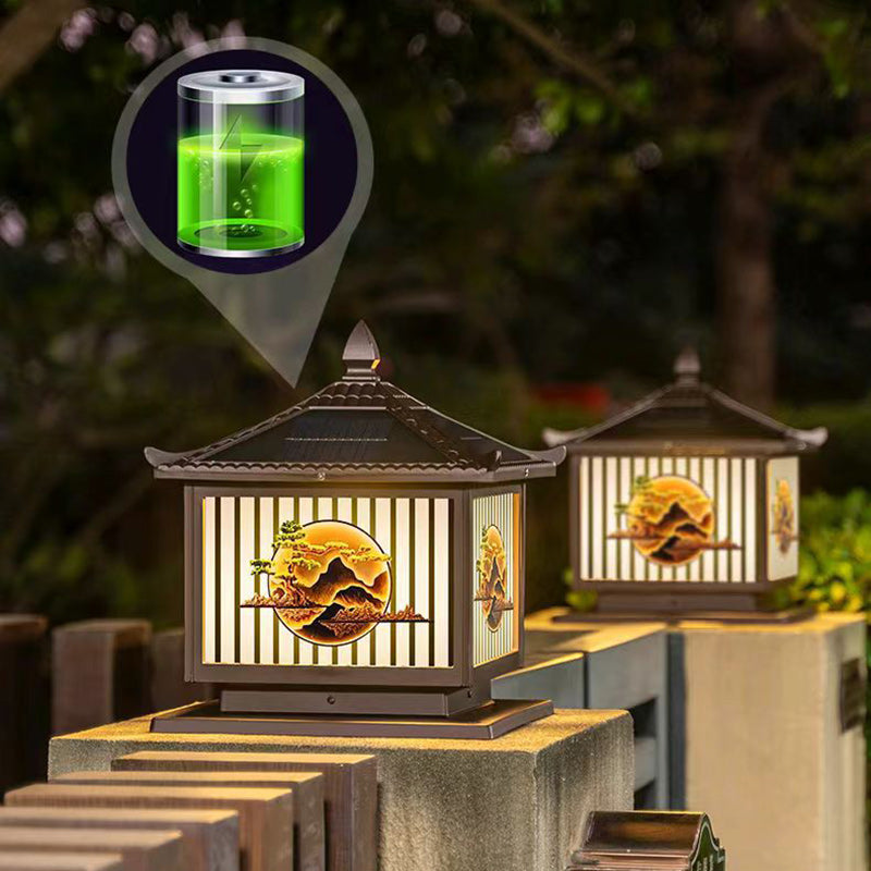 Traditionelle chinesische Solar wasserdichte Aluminium PC Glas Kiefer Baum quadratische Zylinder LED Landschaft Beleuchtung Außenlicht für Außenpatio | Karnz