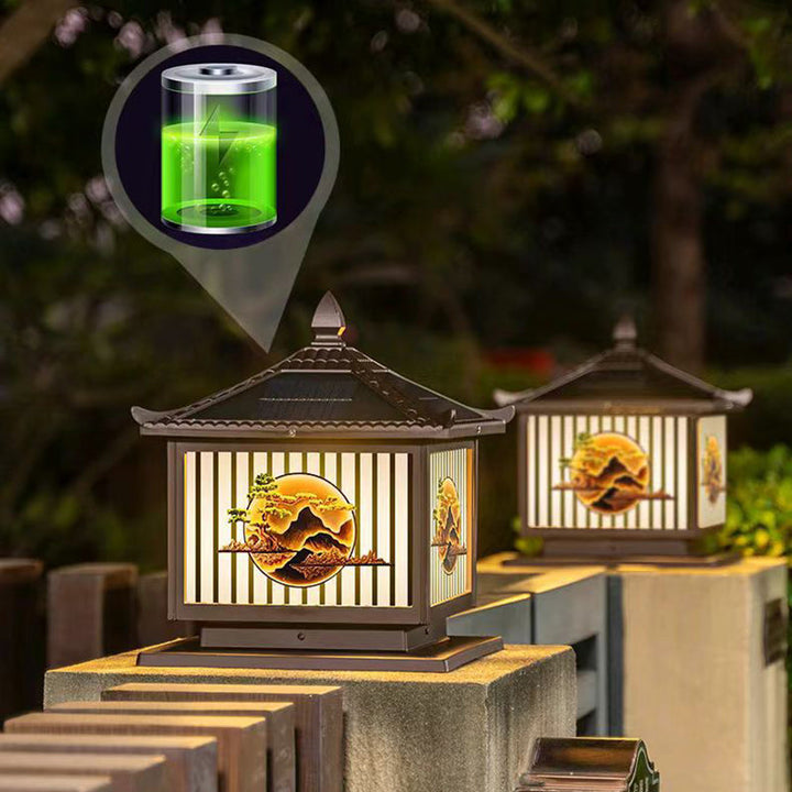 Traditionelle chinesische Solar wasserdichte Aluminium PC Glas Kiefer Baum quadratische Zylinder LED Landschaft Beleuchtung Außenlicht für Außenpatio | Karnz