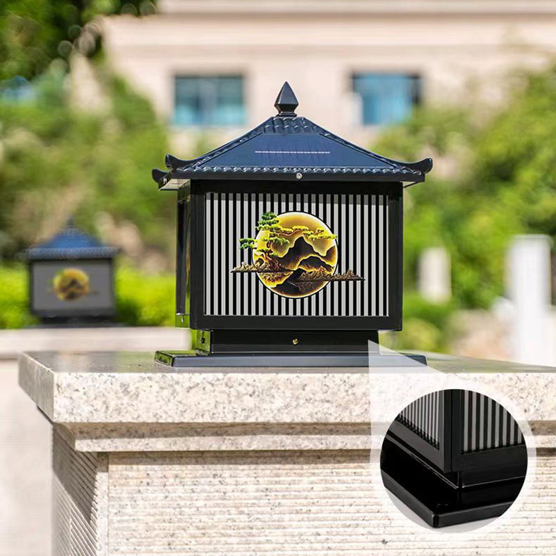 Traditionelle chinesische Solar wasserdichte Aluminium PC Glas Kiefer Baum quadratische Zylinder LED Landschaft Beleuchtung Außenlicht für Außenpatio | Karnz
