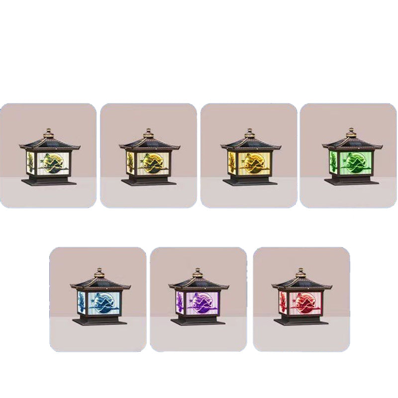 Traditionelle chinesische Solar wasserdichte Aluminium PC Glas Kiefer Baum quadratische Zylinder LED Landschaft Beleuchtung Außenlicht für Außenpatio | Karnz