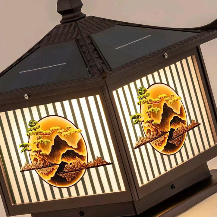Traditionelle chinesische Solar wasserdichte Aluminium PC Glas Kiefer Baum quadratische Zylinder LED Landschaft Beleuchtung Außenlicht für Außenpatio | Karnz