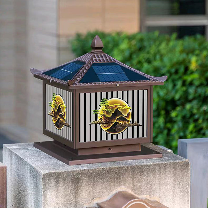 Traditionelle chinesische Solar wasserdichte Aluminium PC Glas Kiefer Baum quadratische Zylinder LED Landschaft Beleuchtung Außenlicht für Außenpatio | Karnz