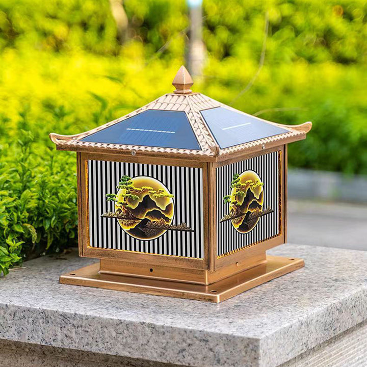 Traditionelle chinesische Solar wasserdichte Aluminium PC Glas Kiefer Baum quadratische Zylinder LED Landschaft Beleuchtung Außenlicht für Außenpatio | Karnz