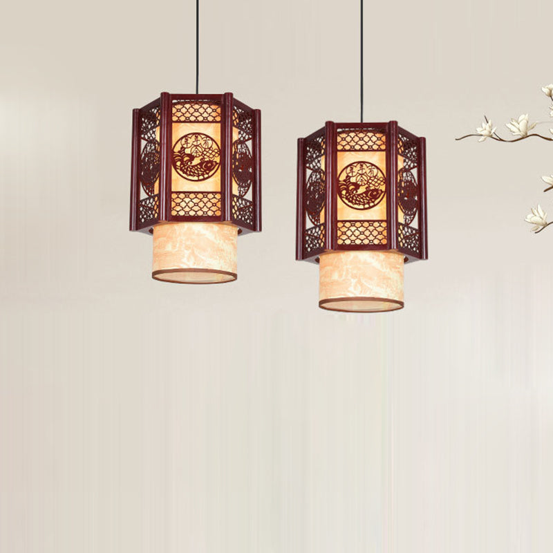 Traditionelle chinesische Zylinderlaterne aus Holz und PVC mit geschnitztem Fischmotiv, 1-flammige Pendelleuchte für das Esszimmer