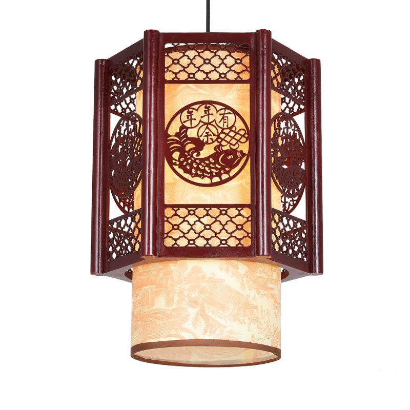 Traditionelle chinesische Zylinderlaterne aus Holz und PVC mit geschnitztem Fischmotiv, 1-flammige Pendelleuchte für das Esszimmer