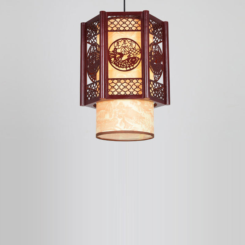 Traditionelle chinesische Zylinderlaterne aus Holz und PVC mit geschnitztem Fischmotiv, 1-flammige Pendelleuchte für das Esszimmer