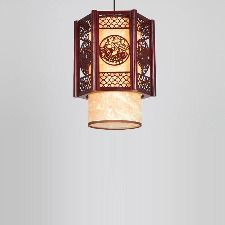 Traditionelle chinesische Zylinderlaterne aus Holz und PVC mit geschnitztem Fischmotiv, 1-flammige Pendelleuchte für das Esszimmer