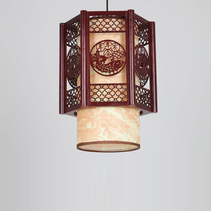 Traditionelle chinesische Zylinderlaterne aus Holz und PVC mit geschnitztem Fischmotiv, 1-flammige Pendelleuchte für das Esszimmer