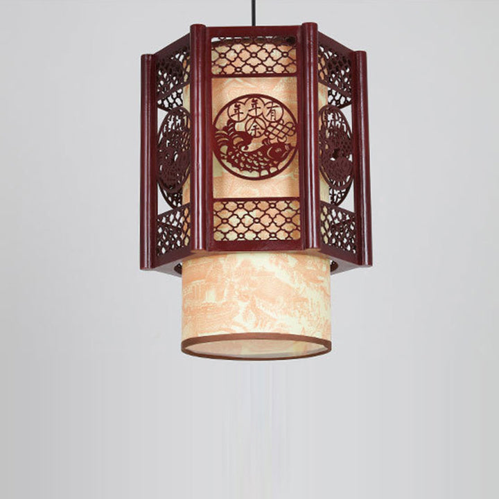 Traditionelle chinesische Zylinderlaterne aus Holz und PVC mit geschnitztem Fischmotiv, 1-flammige Pendelleuchte für das Esszimmer