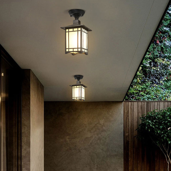 Traditionelle chinesische wasserdichte Eisen-Aluminium-Glas-Zylinder-Pergola 1-Licht Semi-Flush-Mount-Deckenleuchte Außenleuchte für Außenpatio | Karnz