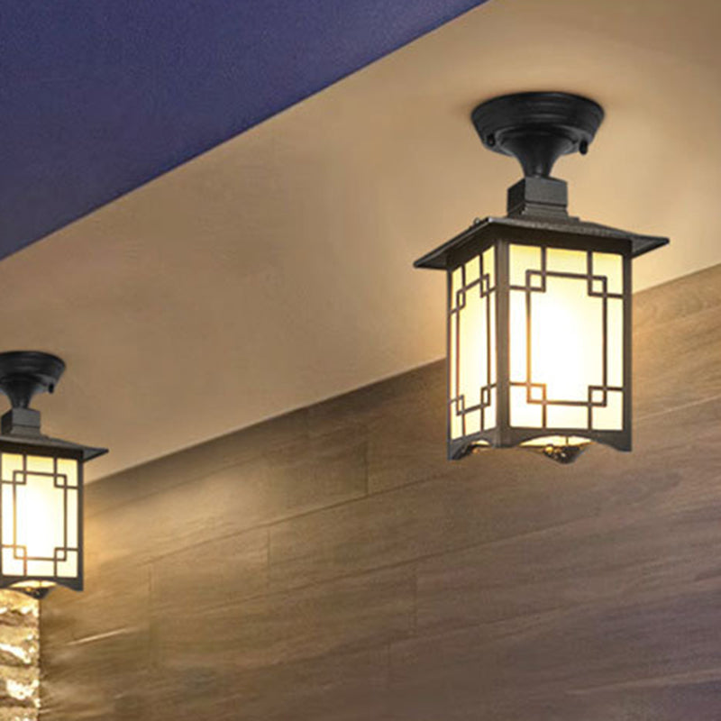 Traditionelle chinesische wasserdichte Eisen-Aluminium-Glas-Zylinder-Pergola 1-Licht Semi-Flush-Mount-Deckenleuchte Außenleuchte für Außenpatio | Karnz