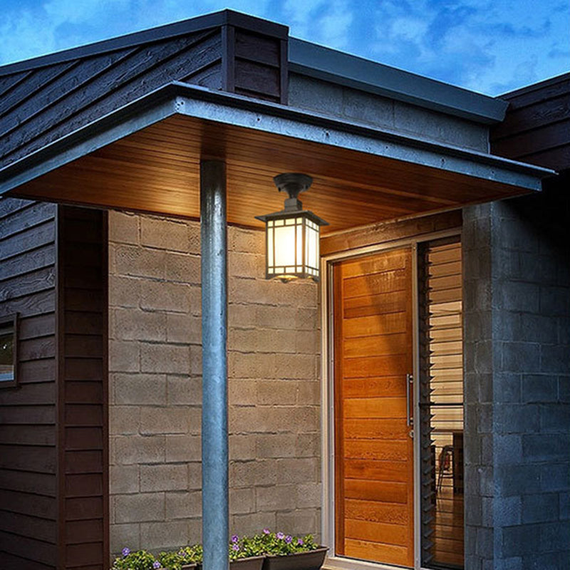 Traditionelle chinesische wasserdichte Eisen-Aluminium-Glas-Zylinder-Pergola 1-Licht Semi-Flush-Mount-Deckenleuchte Außenleuchte für Außenpatio | Karnz