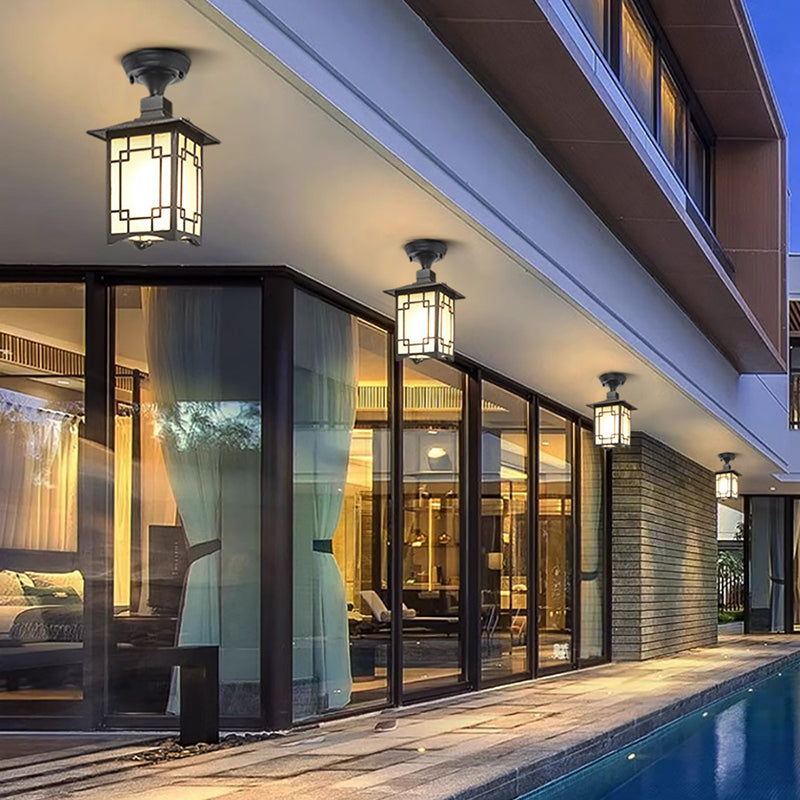 Traditionelle chinesische wasserdichte Eisen-Aluminium-Glas-Zylinder-Pergola 1-Licht Semi-Flush-Mount-Deckenleuchte Außenleuchte für Außenpatio | Karnz