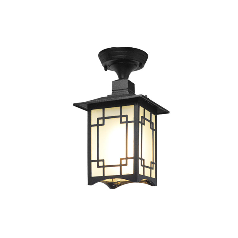 Traditionelle chinesische wasserdichte Eisen-Aluminium-Glas-Zylinder-Pergola 1-Licht Semi-Flush-Mount-Deckenleuchte Außenleuchte für Außenpatio | Karnz