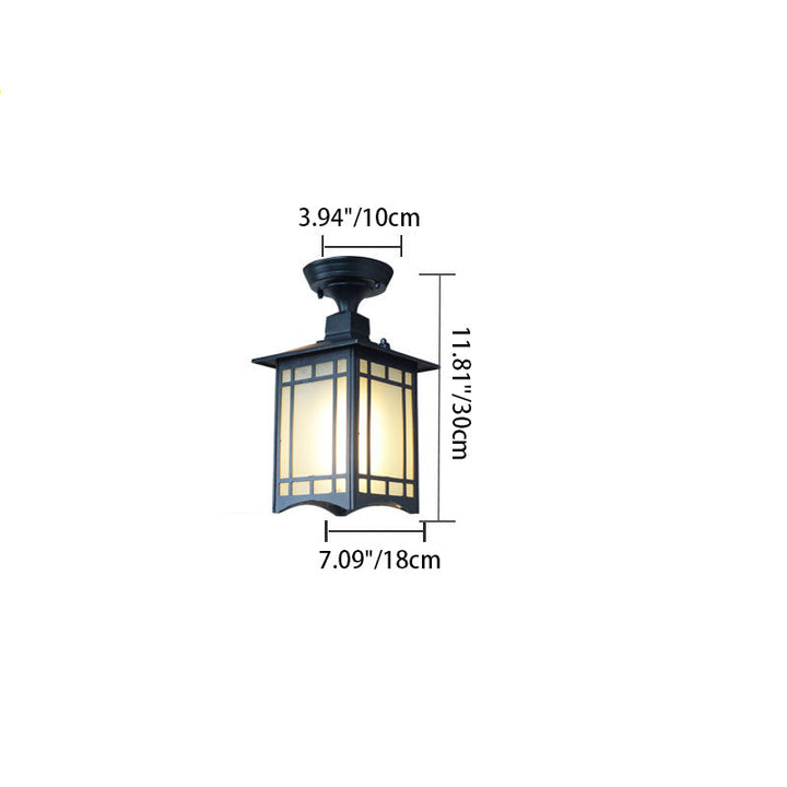 Traditionelle chinesische wasserdichte Eisen-Aluminium-Glas-Zylinder-Pergola 1-Licht Semi-Flush-Mount-Deckenleuchte Außenleuchte für Außenpatio | Karnz