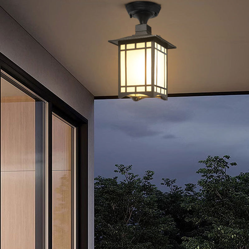 Traditionelle chinesische wasserdichte Eisen-Aluminium-Glas-Zylinder-Pergola 1-Licht Semi-Flush-Mount-Deckenleuchte Außenleuchte für Außenpatio | Karnz