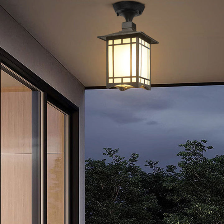 Traditionelle chinesische wasserdichte Eisen-Aluminium-Glas-Zylinder-Pergola 1-Licht Semi-Flush-Mount-Deckenleuchte Außenleuchte für Außenpatio | Karnz