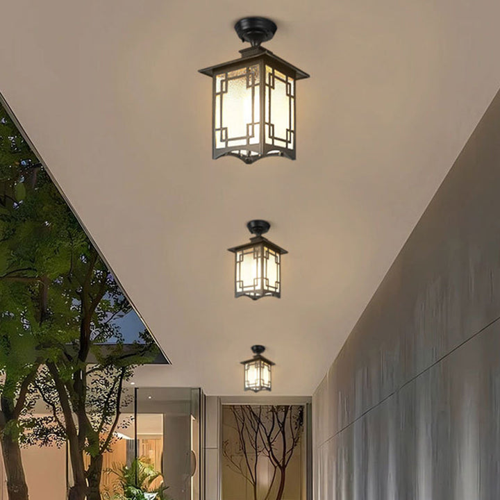 Traditionelle chinesische wasserdichte Eisen-Aluminium-Glas-Zylinder-Pergola 1-Licht Semi-Flush-Mount-Deckenleuchte Außenleuchte für Außenpatio | Karnz