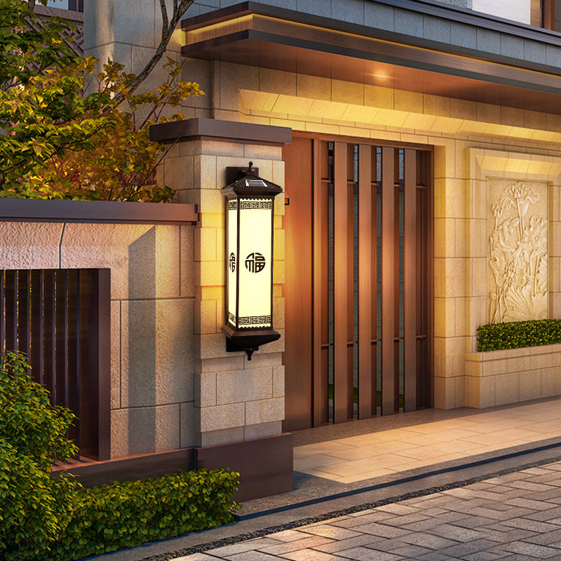 Traditionelle chinesische Solar wasserdichte ABS Aluminium Glas rechteckige Glücks-Reichtum-Muster LED Wandleuchte Lampe für Außenpatio | Karnz